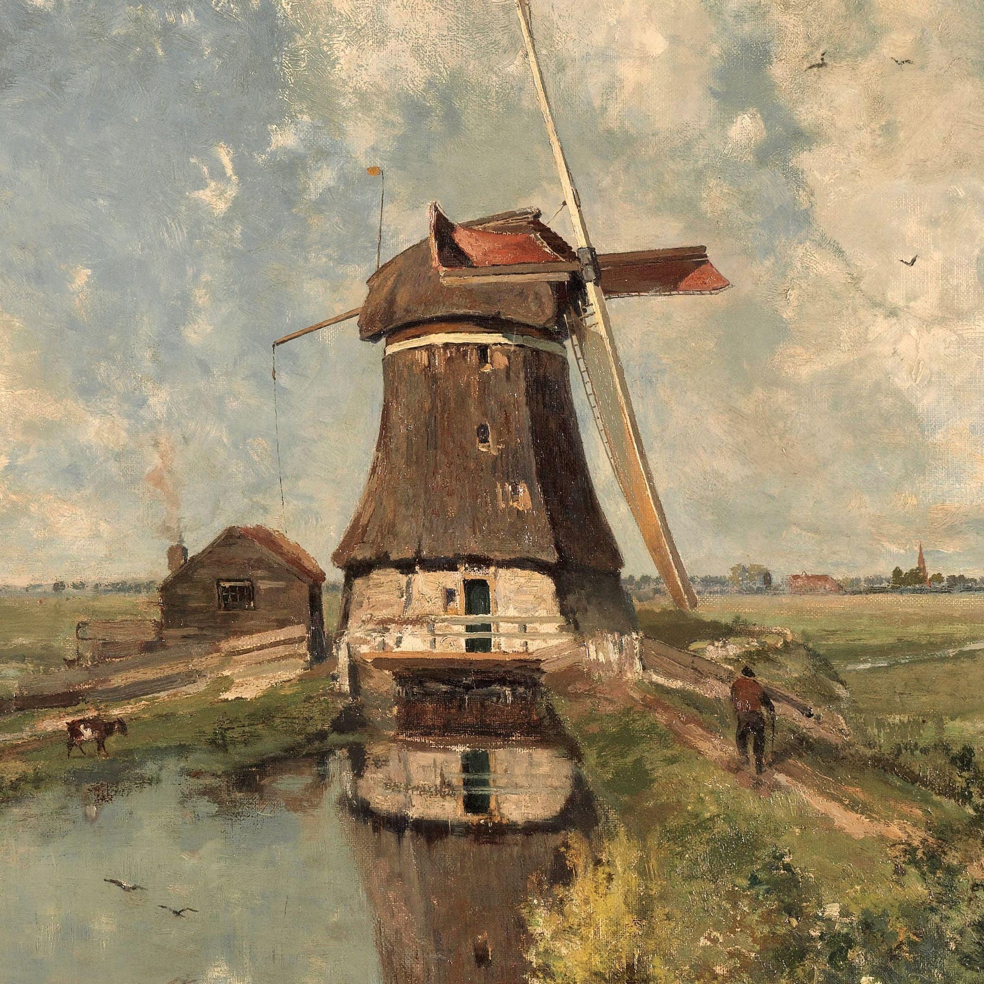 Painting of a windmill by a body of water with a person walking towards it.