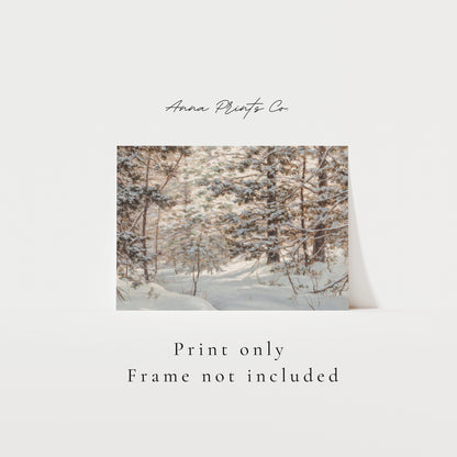 Vintage art print of Winter Pine Forest Landscape with text overlay stating frame not included