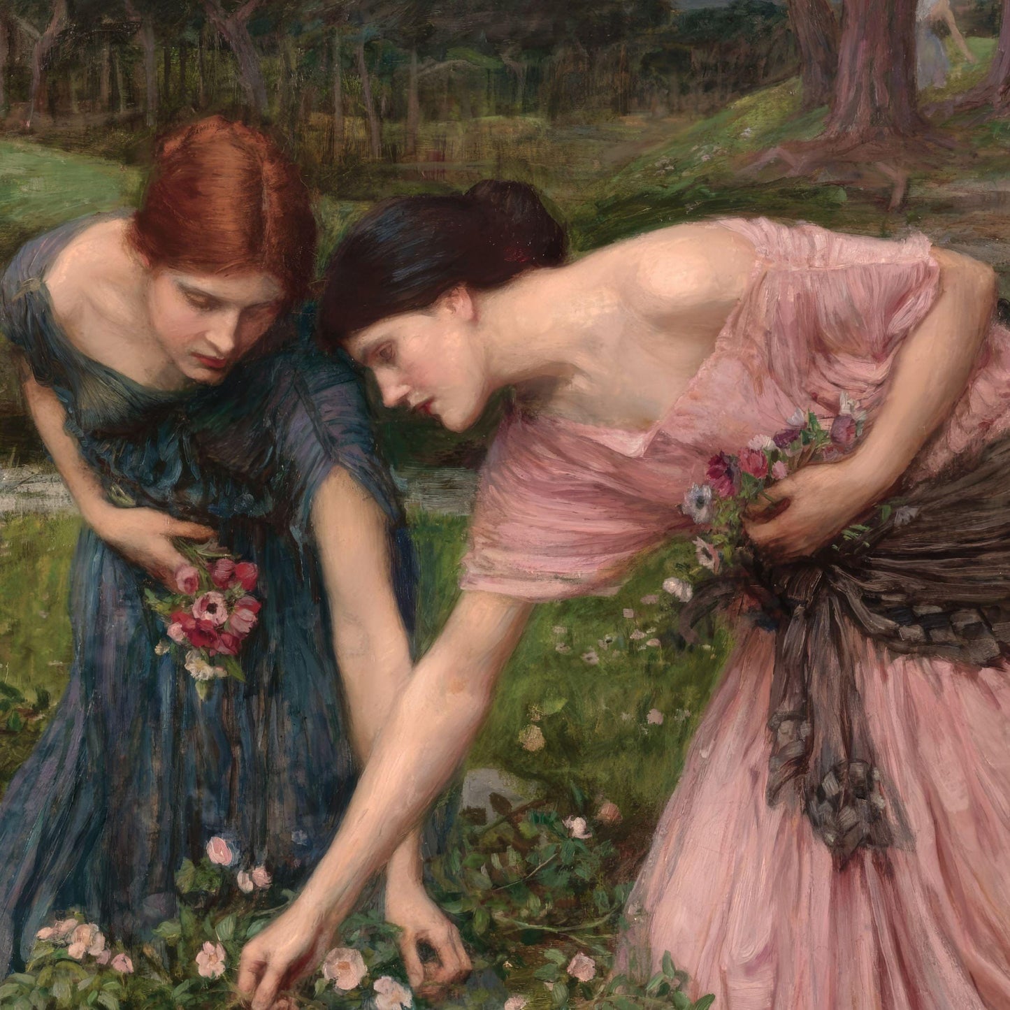 Two women in dresses examining plants in a garden setting