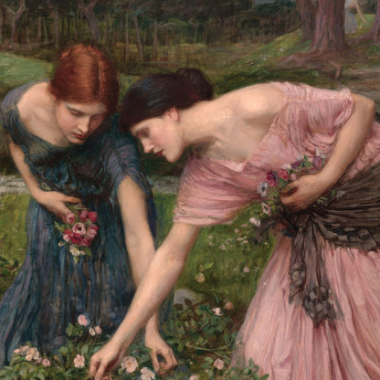 Two women in dresses examining plants in a garden setting
