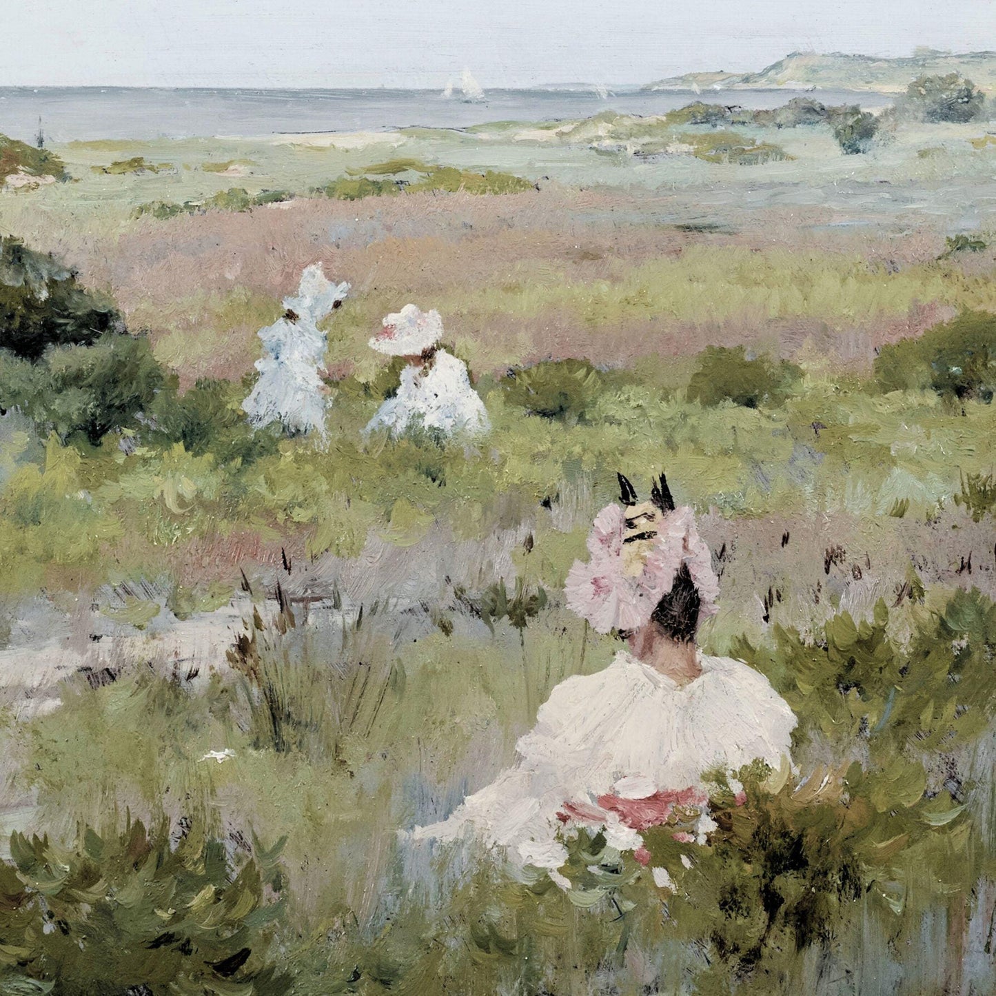 Painting of a woman in a white dress with a large pink hat in a natural landscape.