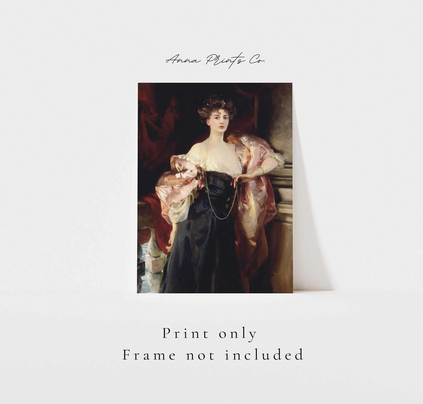 Vintage art print of Lady Helen Vincent by Sargent with text overlay stating frame not included