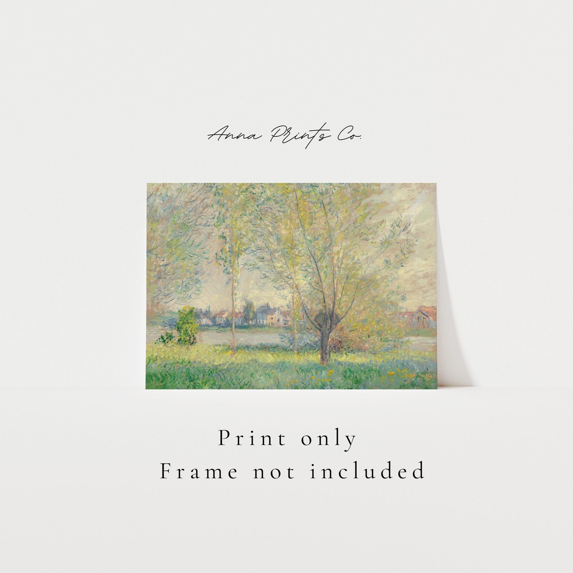 Vintage art print of The Willows by Monet with text overlay stating frame not included
