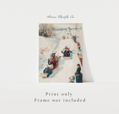 Vintage art print of Tobogganing Winter Sledding with text overlay stating frame not included