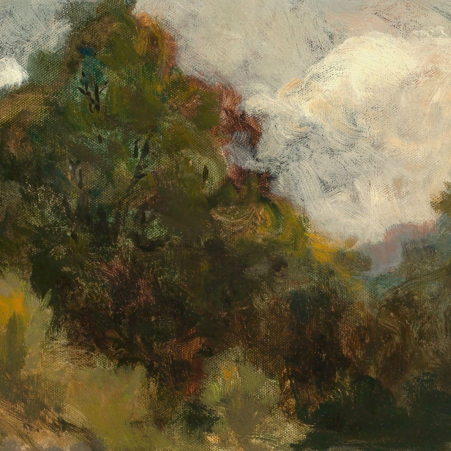 Artistic depiction of a landscape with trees and clouds