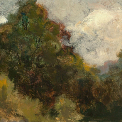 Artistic depiction of a landscape with trees and clouds