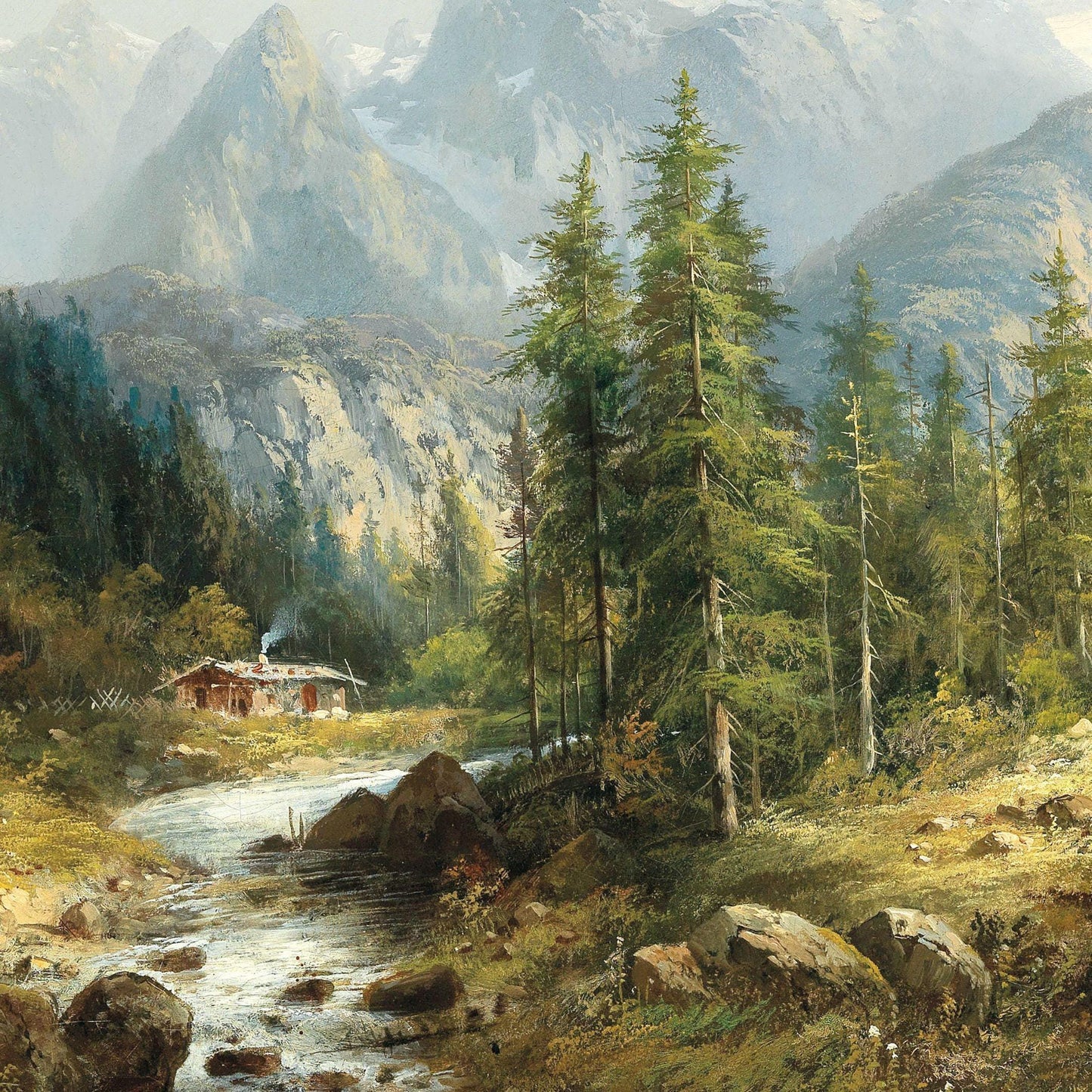 Painting of a mountain landscape with a cabin and stream