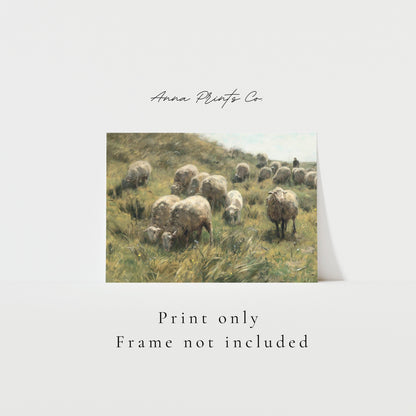 Vintage art print of Sheep in Country Landscape Painting with text overlay stating frame not included