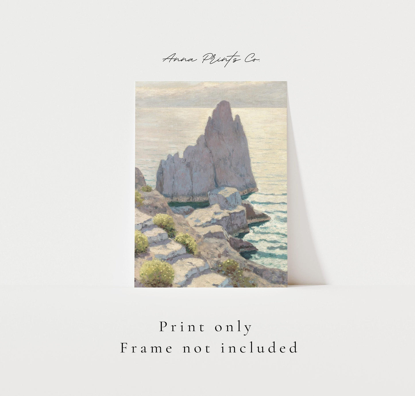 Vintage art print of Capri Coastal Seascape Painting with text overlay stating frame not included
