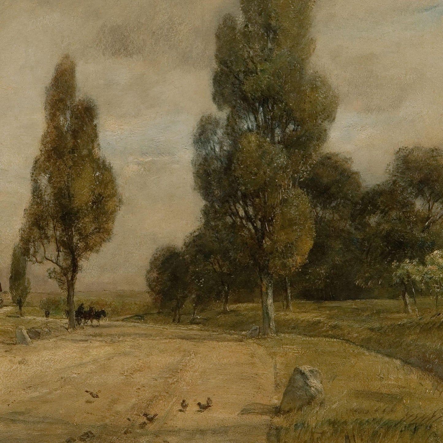 Landscape painting with trees, a path, and figures in the distance.