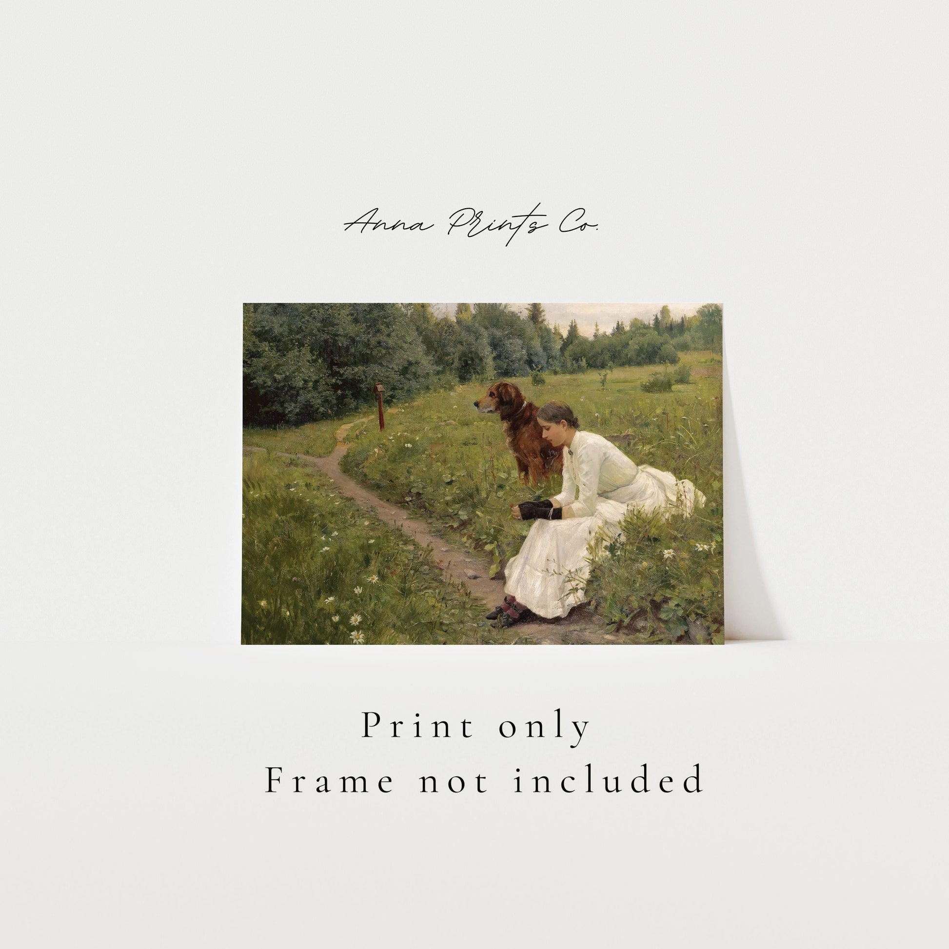 Vintage art print of Idyll Woman and Dog Painting with text overlay stating frame not included