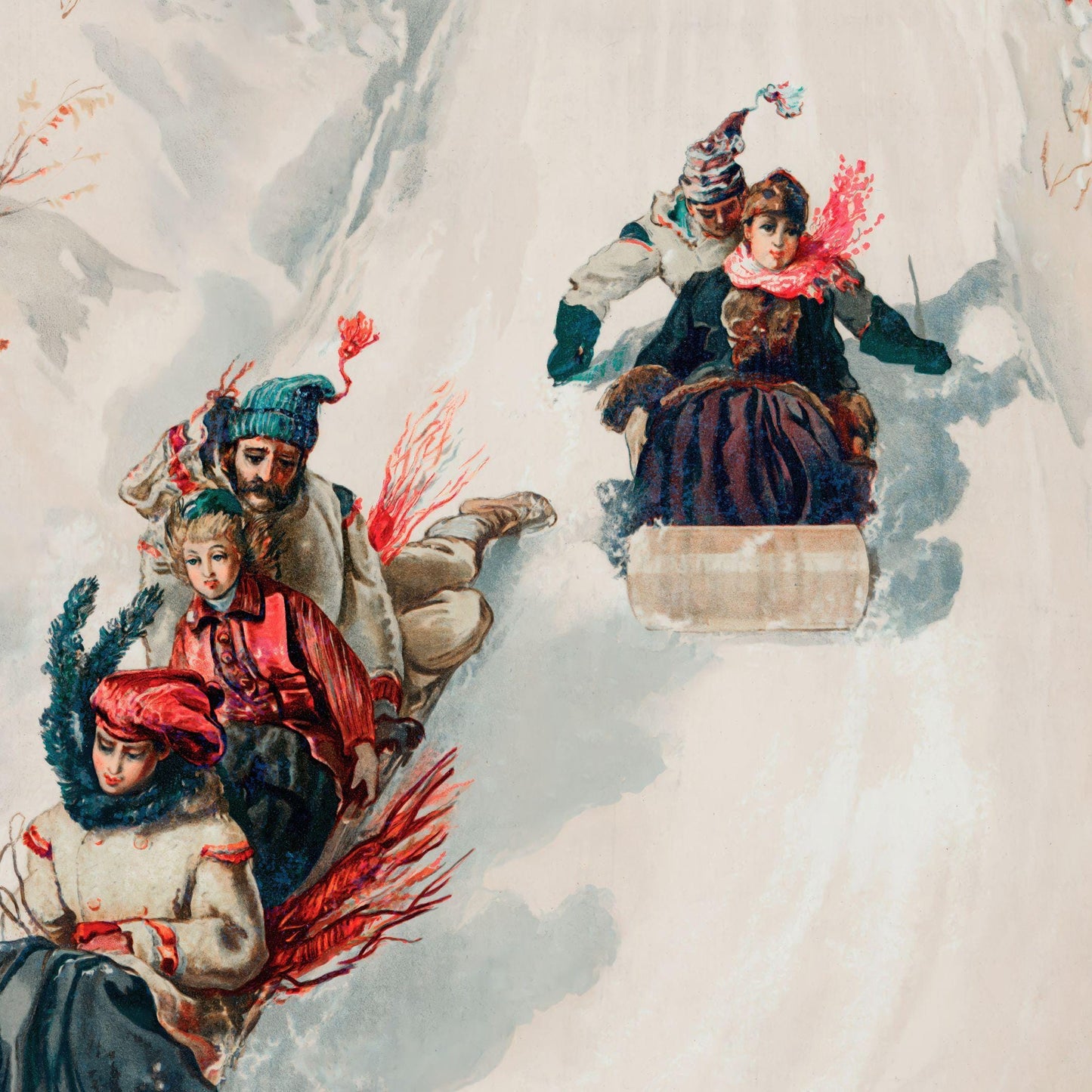 Vintage-style illustration of people sledding down a snowy hill