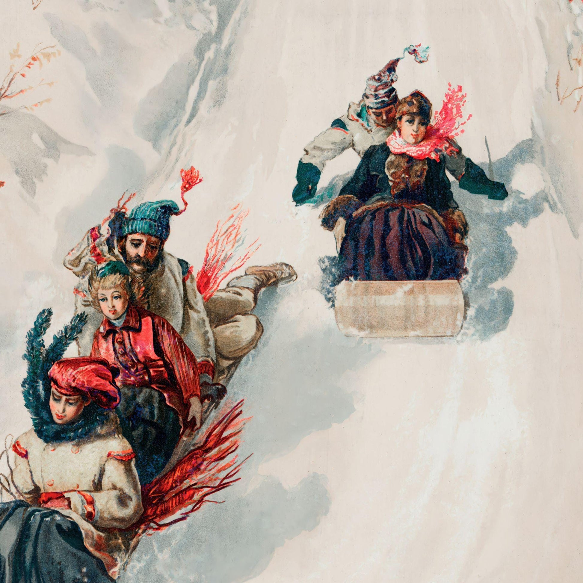 Vintage-style illustration of people sledding down a snowy hill