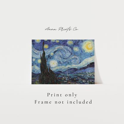 Vintage art print of The Starry Night by Van Gogh with text overlay stating frame not included
