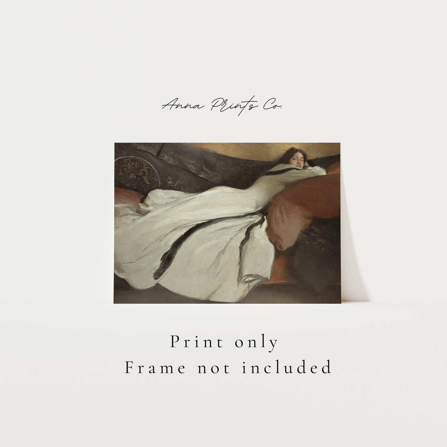 Vintage art print of Repose Woman Portrait Painting with text overlay stating frame not included