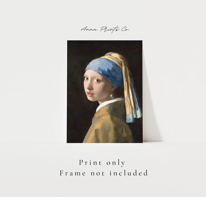 Vintage art print of Girl with a Pearl Earring by Vermeer with text overlay stating frame not included