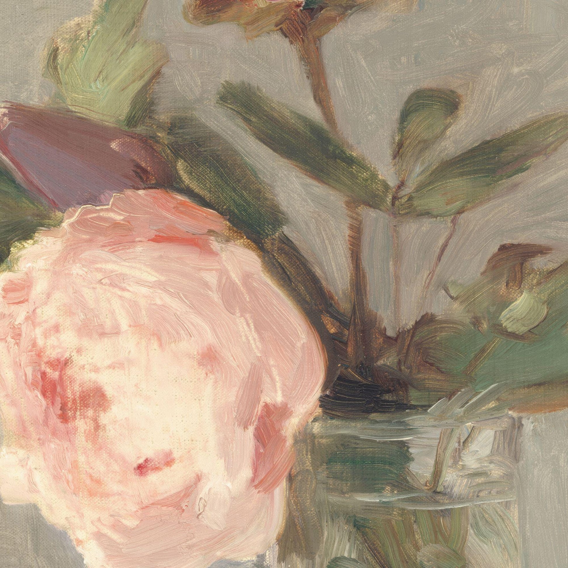 Close-up of a pink flower with green leaves on a textured gray background