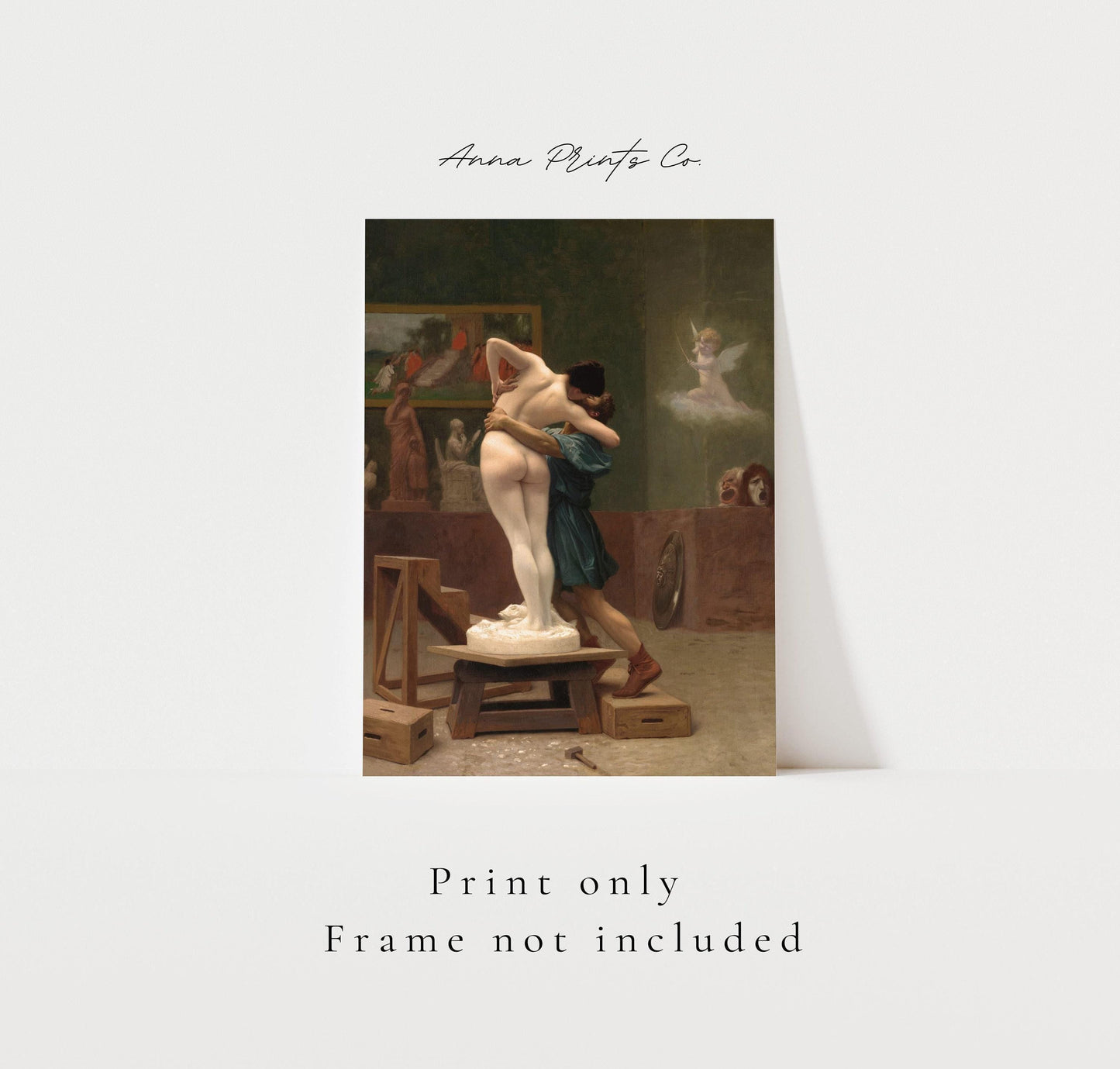 Vintage art print of Pygmalion and Galatea Mythology with text overlay stating frame not included