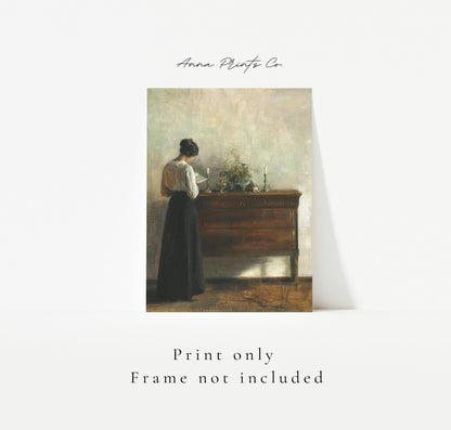 Vintage art print of Woman Reading Interior Painting with text overlay stating frame not included