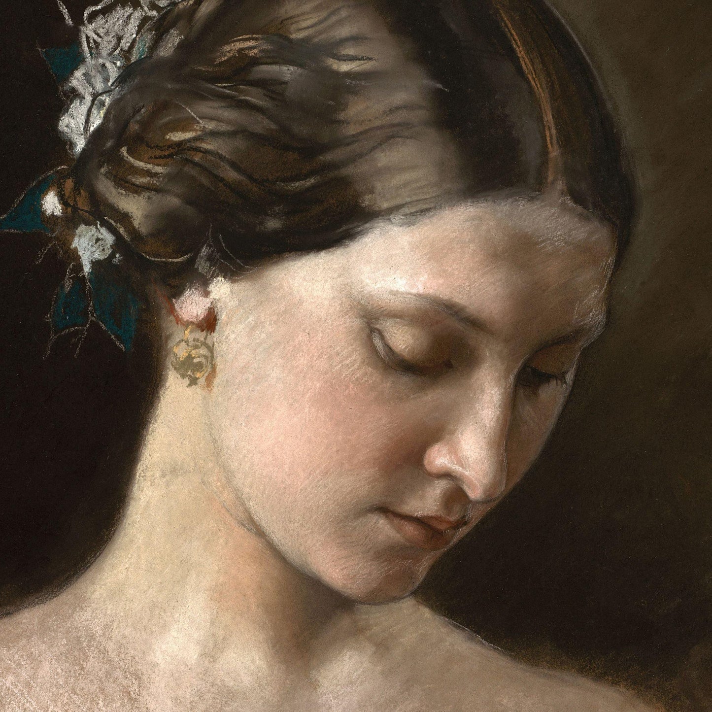 Close-up of a classical painting of a woman's head with detailed hair and jewelry.