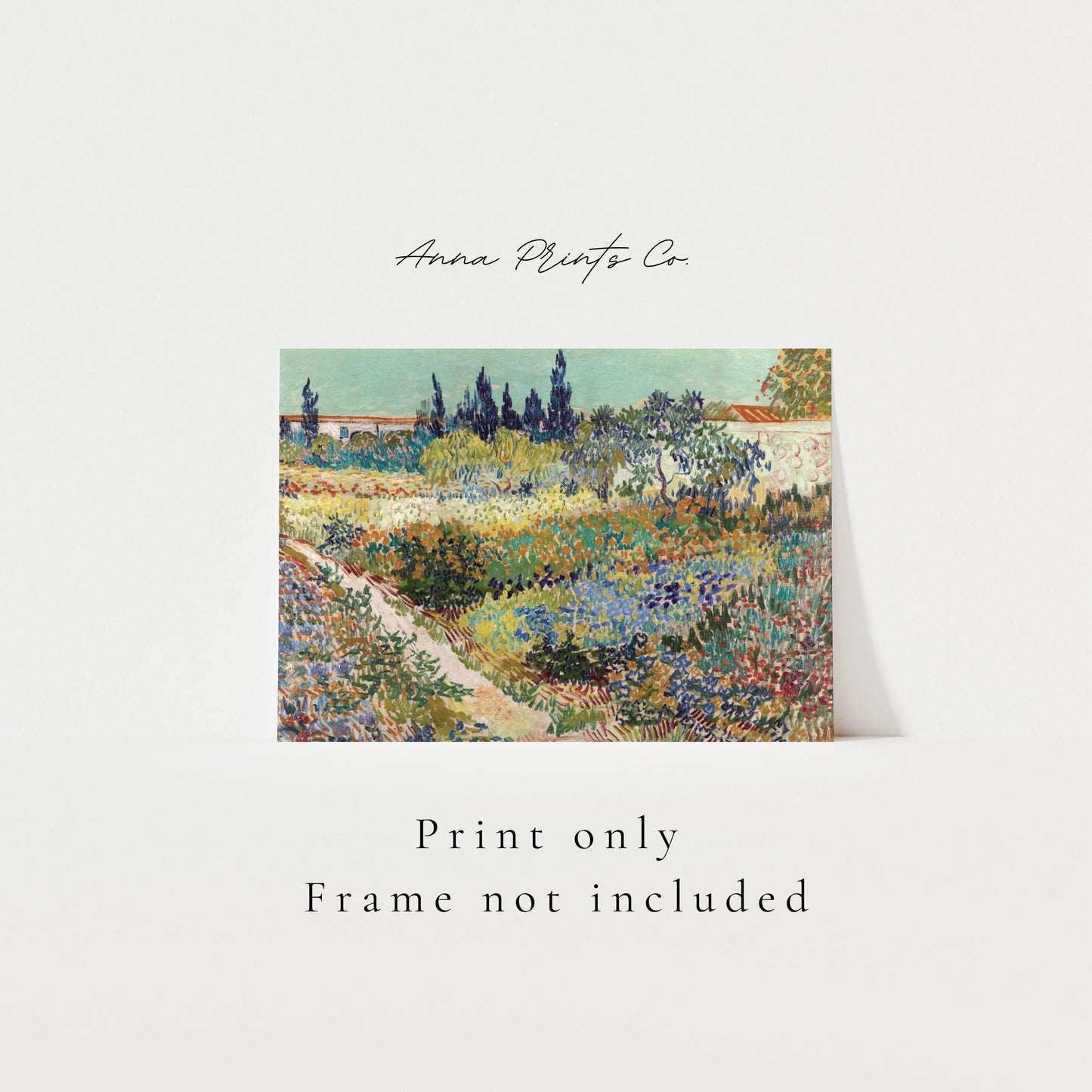 Vintage art print of Garden at Arles by Van Gogh with text overlay stating frame not included