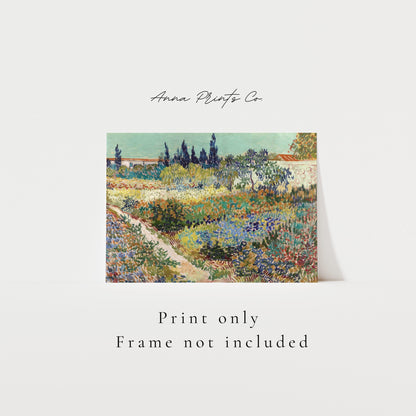 Vintage art print of Garden at Arles by Van Gogh with text overlay stating frame not included