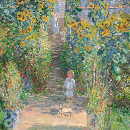 Painting of a garden path with sunflowers and a child