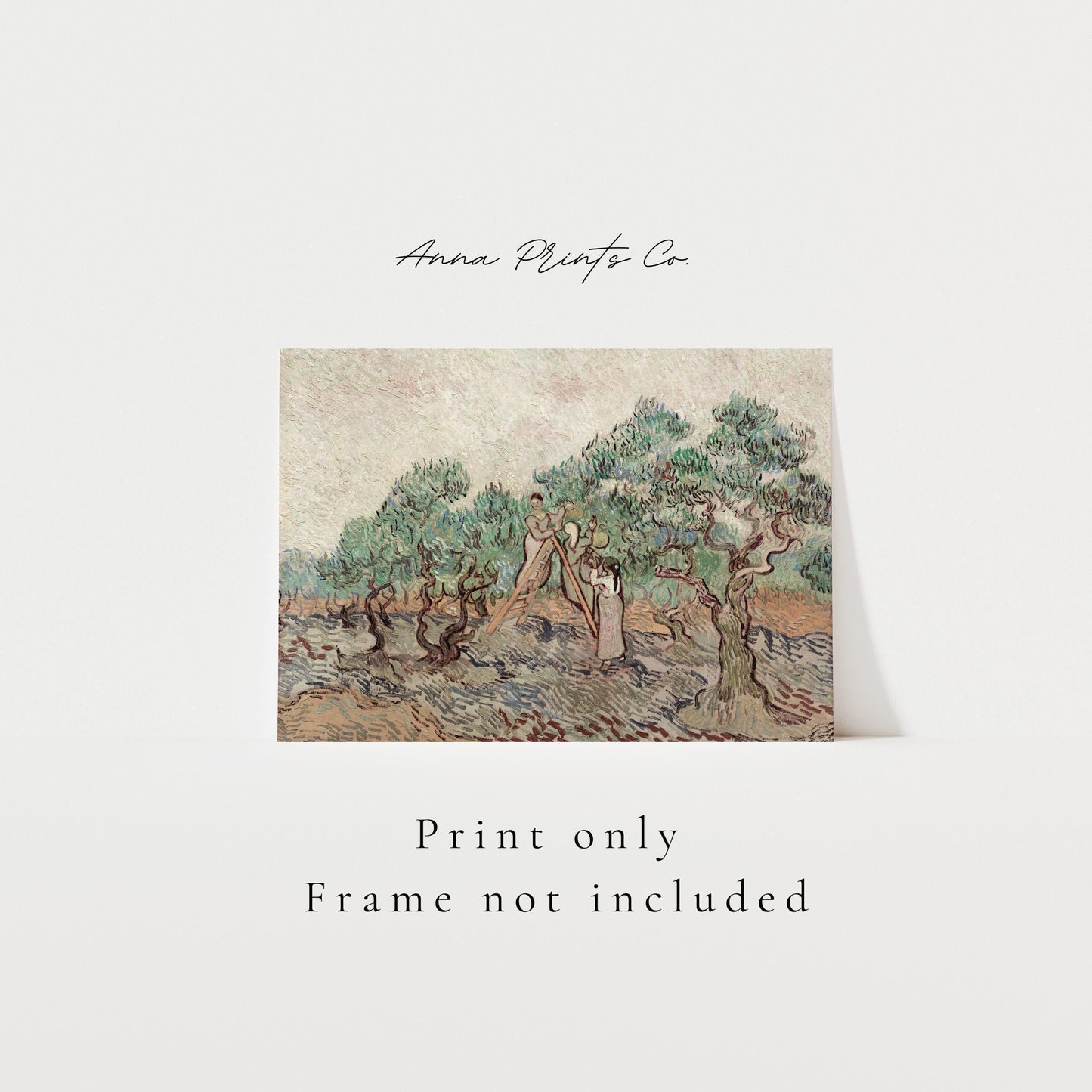 Vintage art print of The Olive Orchard by Van Gogh with text overlay stating frame not included