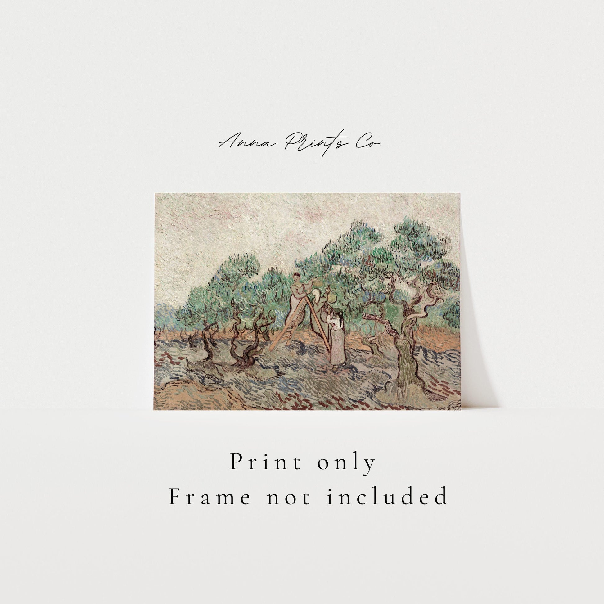 Vintage art print of The Olive Orchard by Van Gogh with text overlay stating frame not included