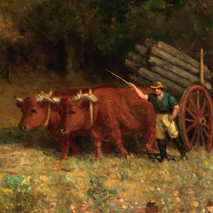 Painting of a farmer with two oxen and a cart in a field