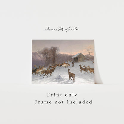 Vintage art print of Feeding Deer Winter Landscape with text overlay stating frame not included