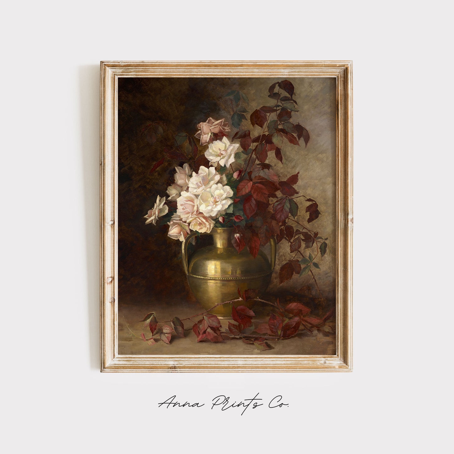 Vintage art print of Rose Bouquet Moody Floral displayed in wooden frame