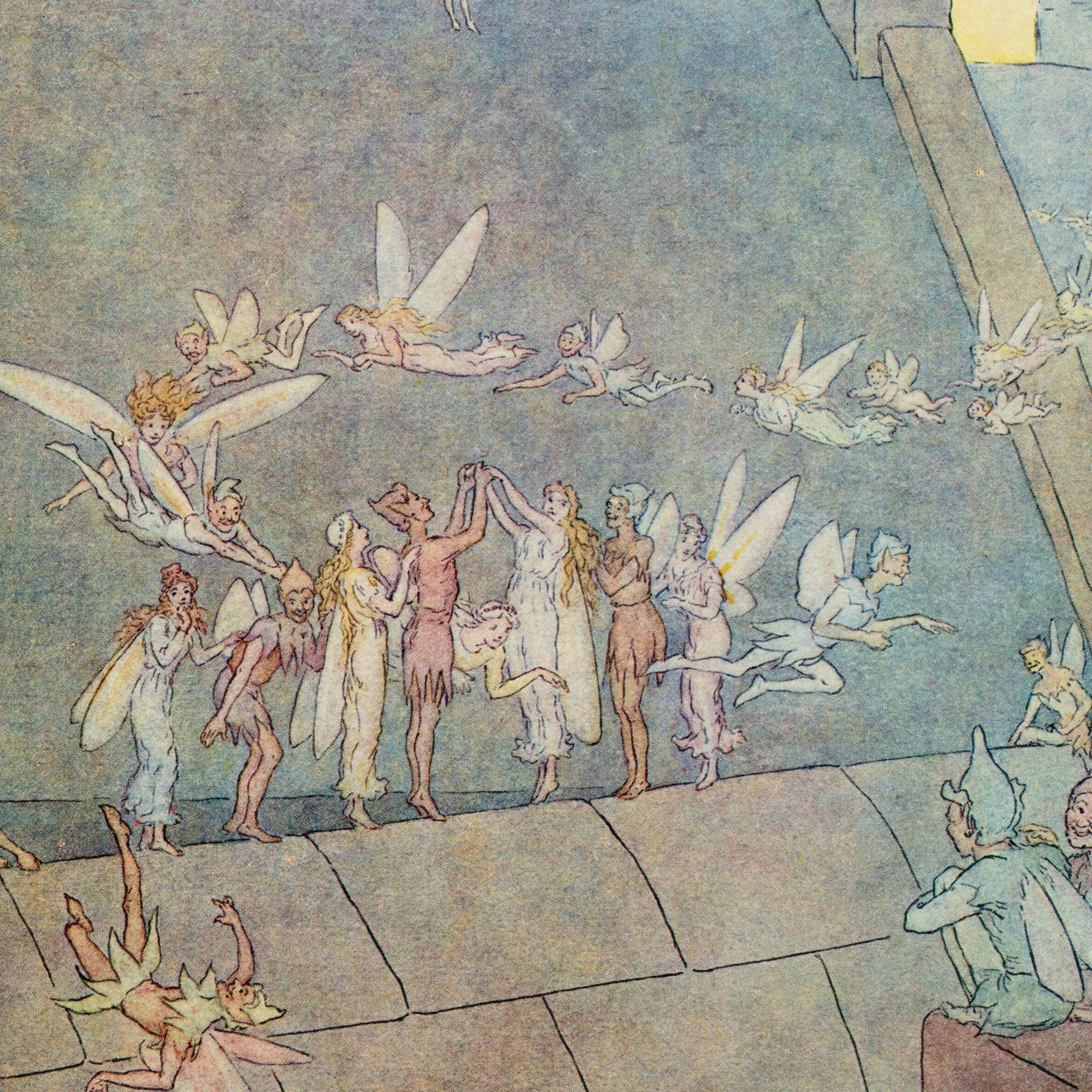 Illustration of fairies gathered around a fairy king on a stone platform.