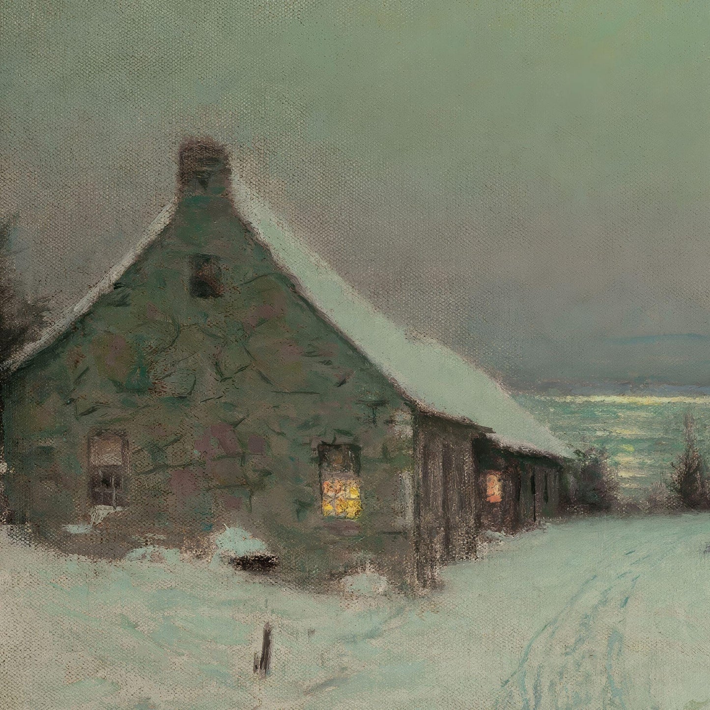 Painting of a snowy cabin by a lake at night