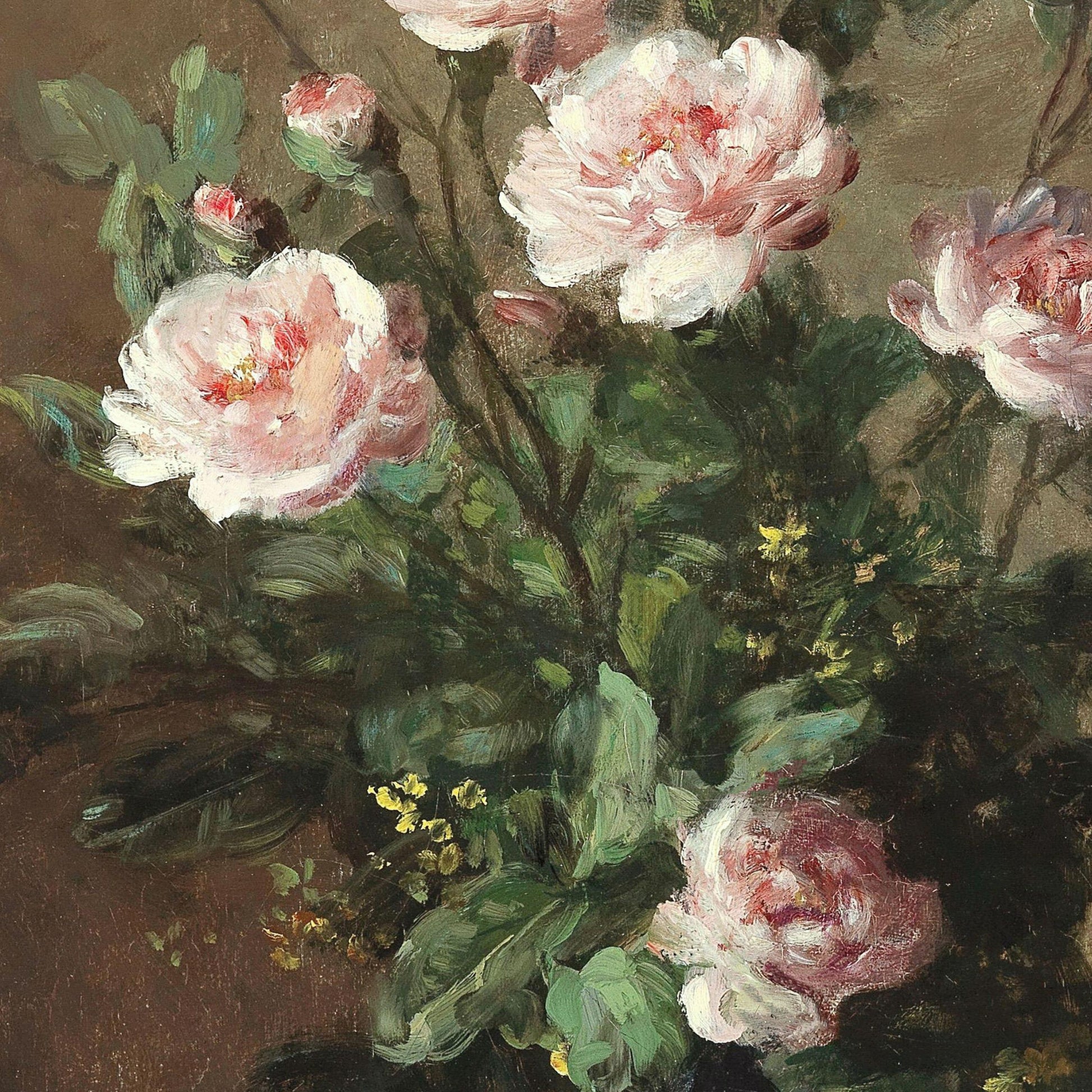 Close-up of a painting of pink flowers with green leaves on a brown background