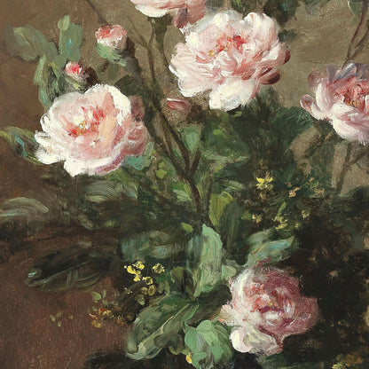 Close-up of a painting of pink flowers with green leaves on a brown background