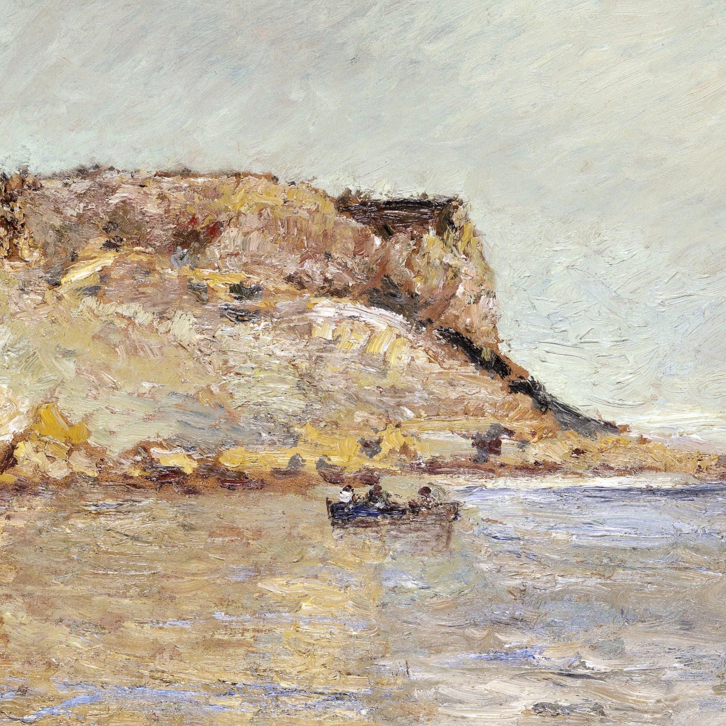 Painting of a coastal scene with cliffs and water.