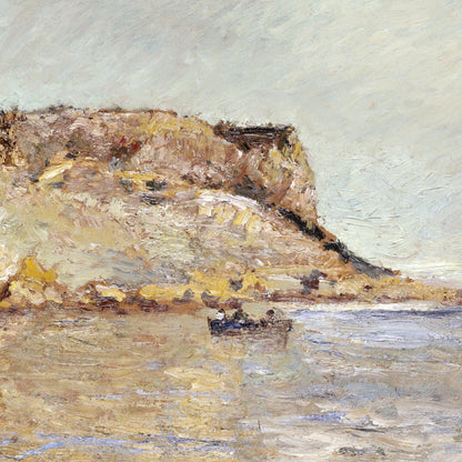 Painting of a coastal scene with cliffs and water.