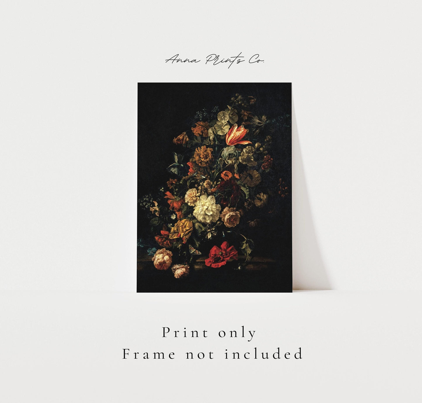Vintage art print of Still Life with Flowers Moody with text overlay stating frame not included