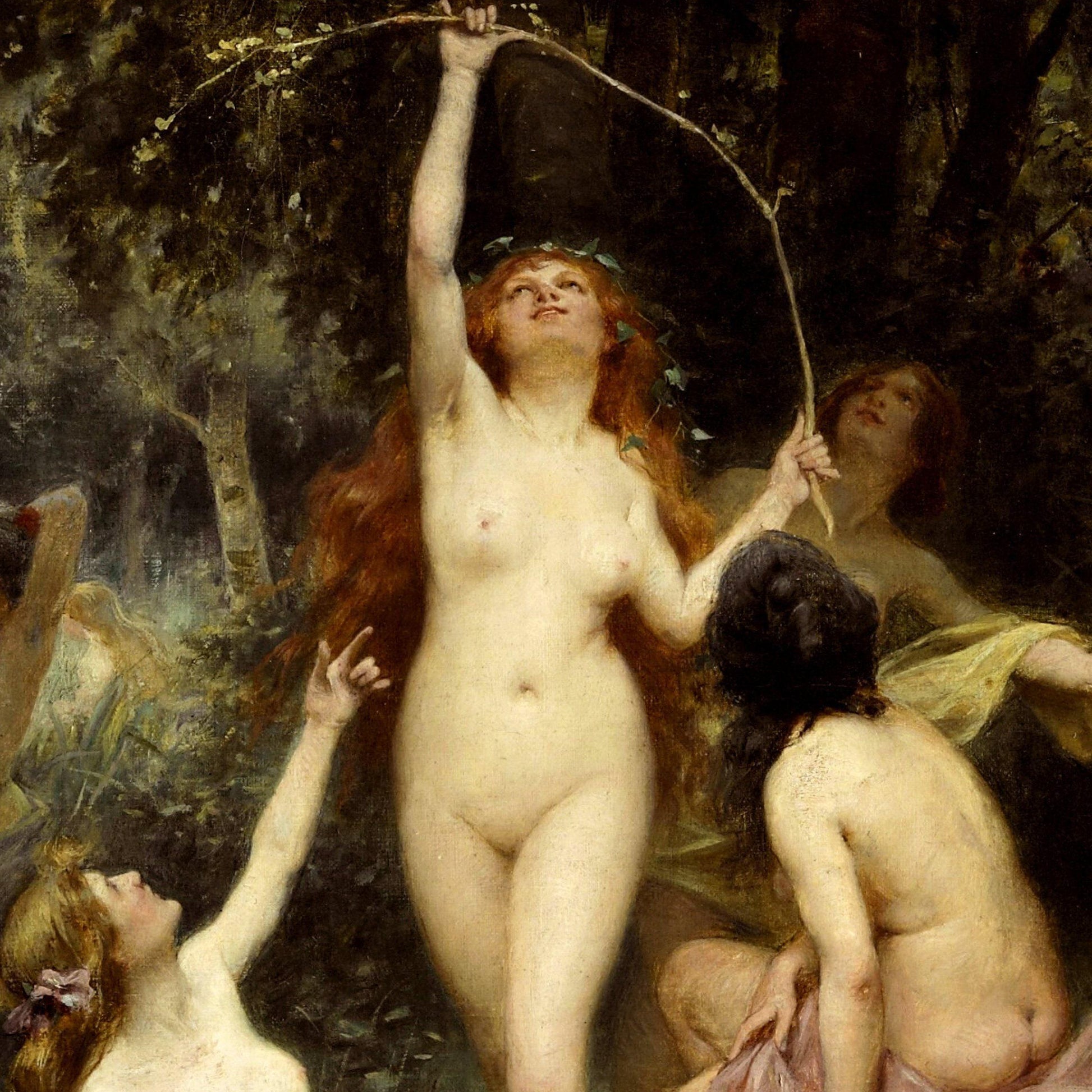 Nude woman in a forest with other figures around her