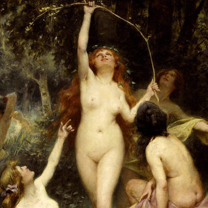 Nude woman in a forest with other figures around her