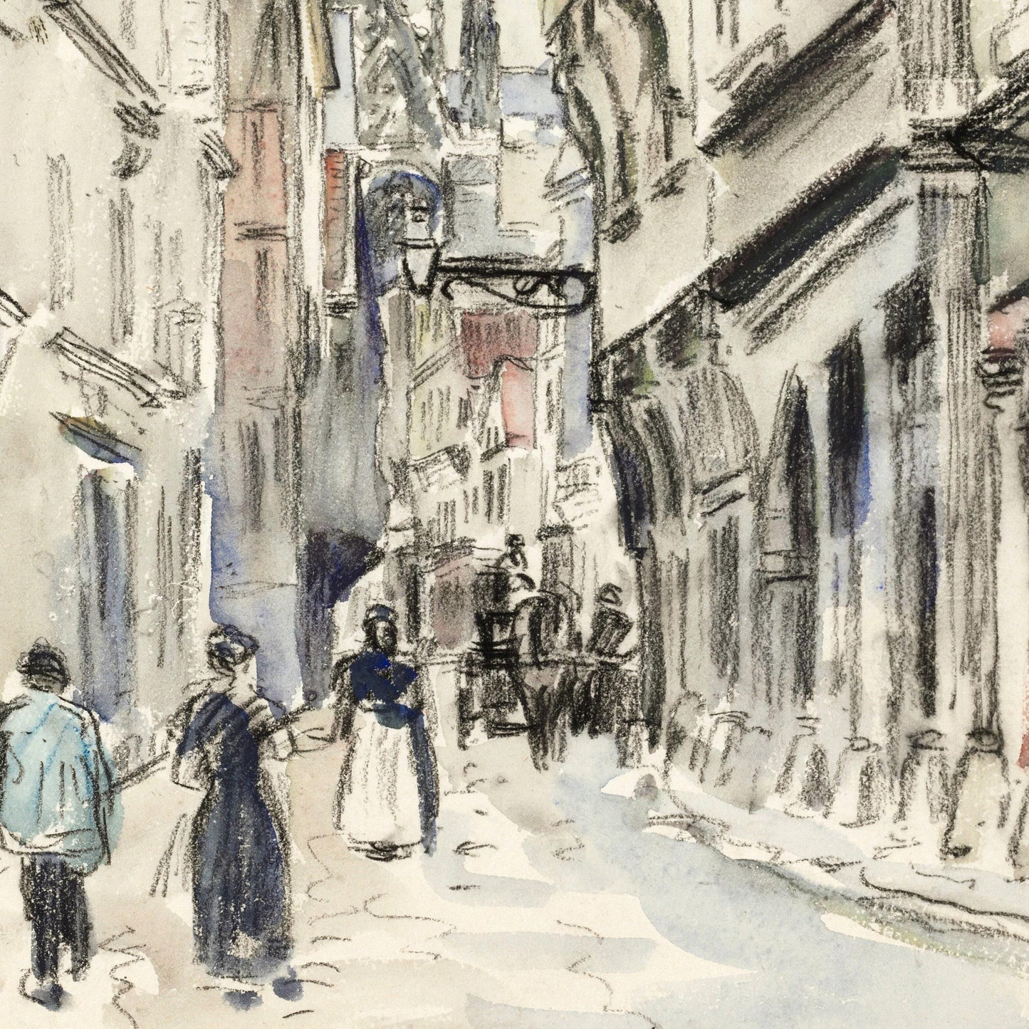 Painting of a street scene with people and a horse-drawn carriage in an urban setting.