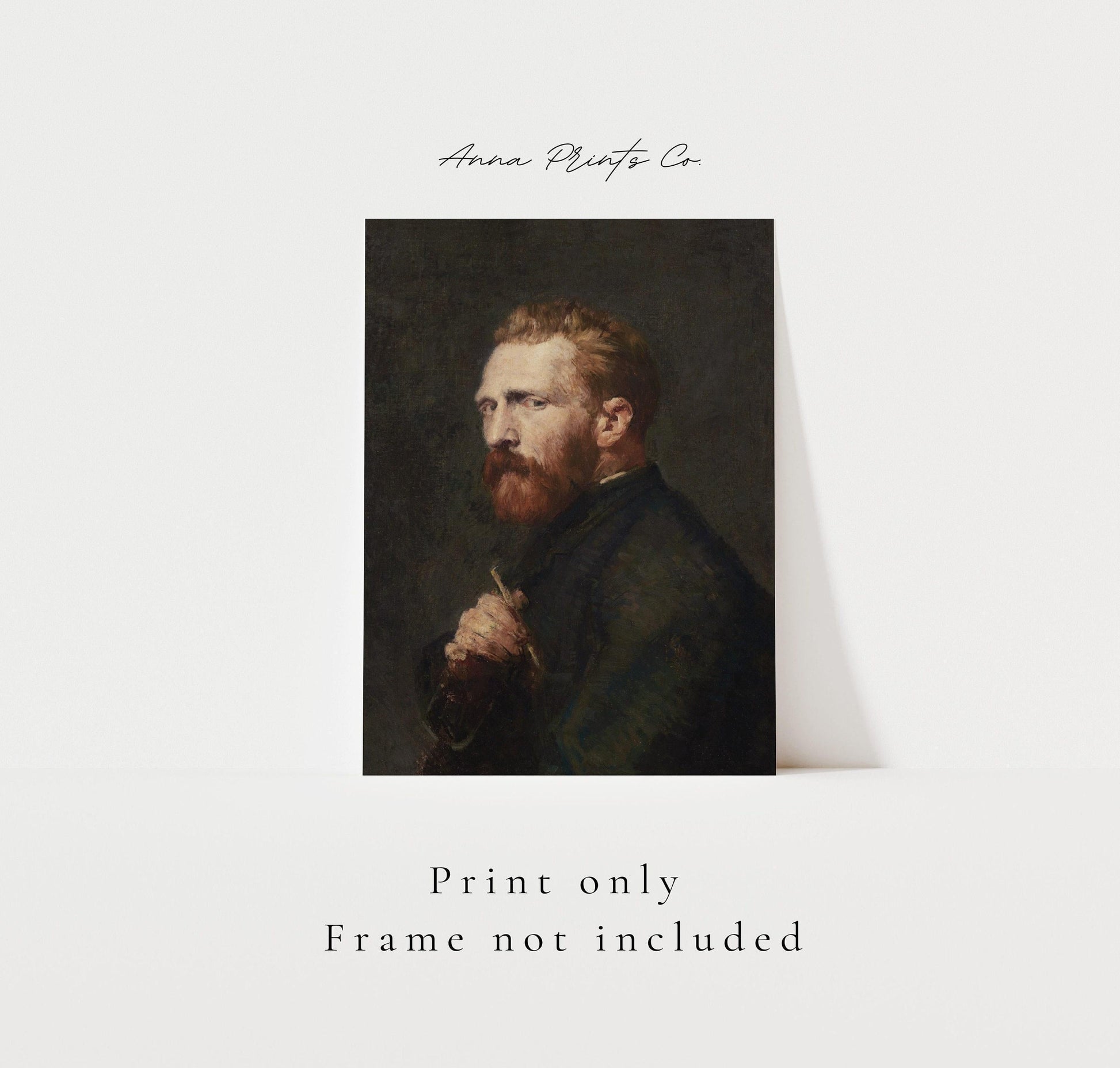 Vintage art print of Portrait of Vincent Van Gogh Painting with text overlay stating frame not included