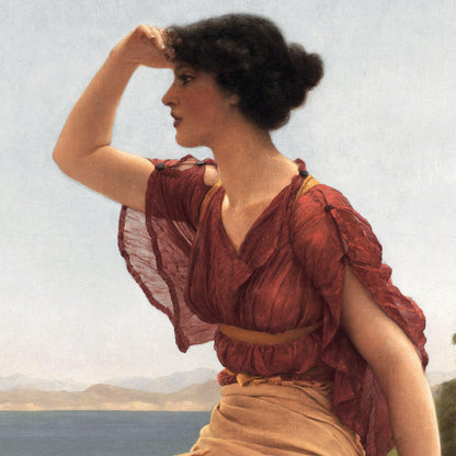Woman in a red dress with a scenic background