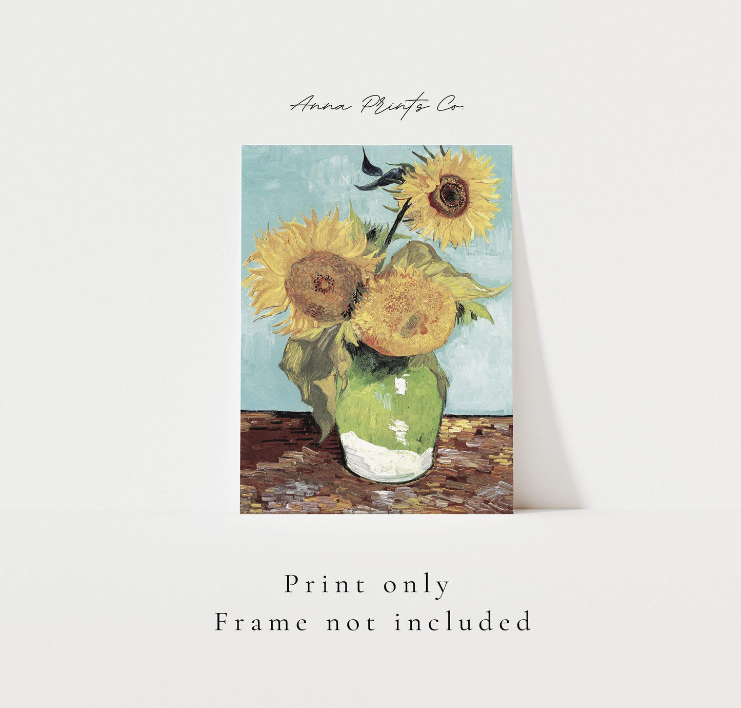 Vintage art print of Three Sunflowers by Van Gogh with text overlay stating frame not included