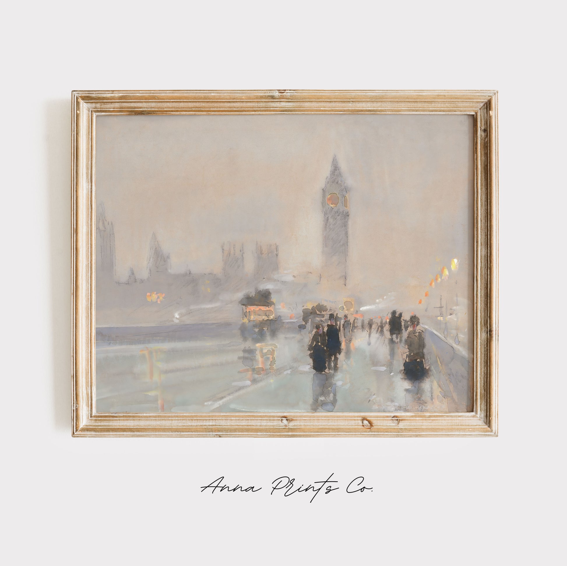 Vintage art print of Big Ben London Painting by Hassam displayed in wooden frame