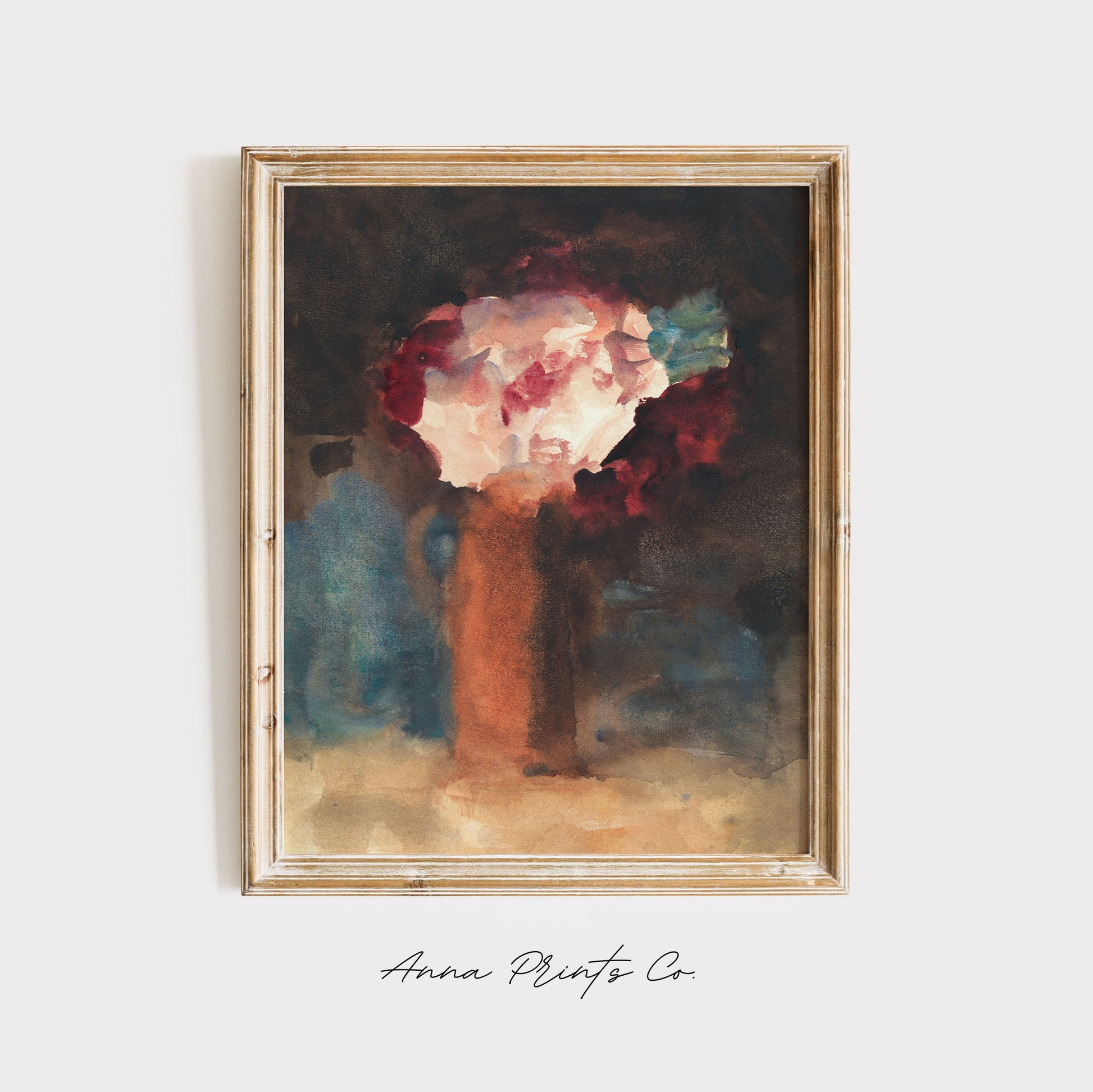 Vintage art print of Roses Watercolor Floral Painting displayed in wooden frame