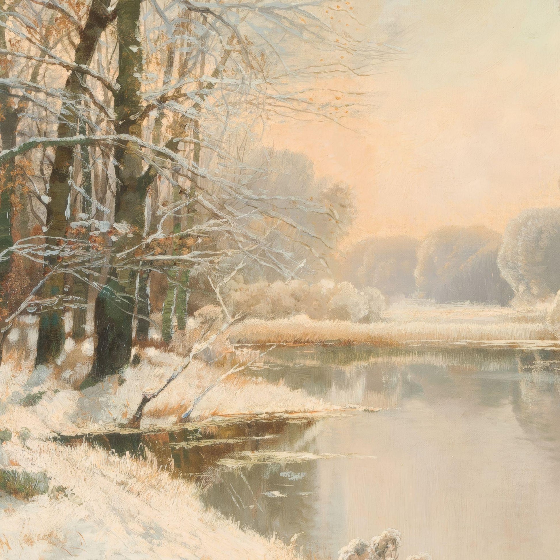 Winter landscape with a frozen lake and snow-covered trees