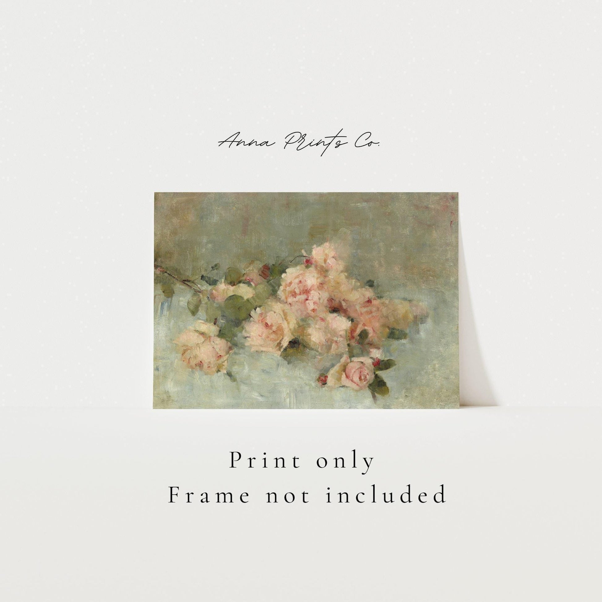 Vintage art print of Roses Cottage Floral Painting with text overlay stating frame not included