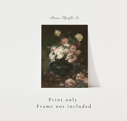 Vintage art print of Roses Moody Floral Painting with text overlay stating frame not included